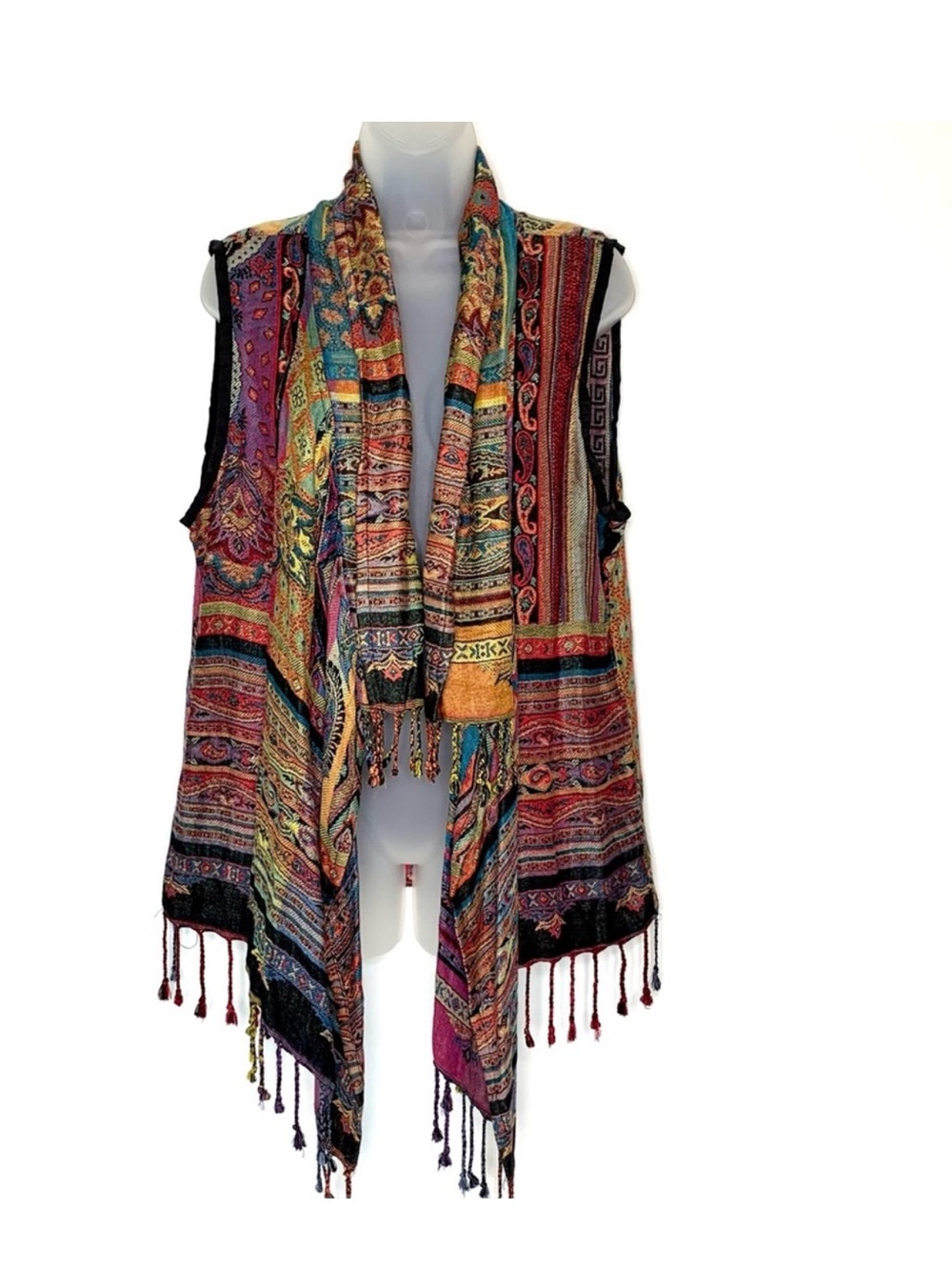 ANU  Fringe Drape Boho Lagenlook Embroidered Open Front Vest Sz M